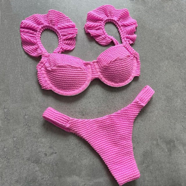 New! Stunning Ruffle Shoulders Push Up Bikini  Sunset and Swim Pink S 
