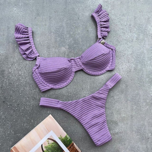 New! Stunning Ruffle Shoulders Push Up Bikini  Sunset and Swim Purple XL 