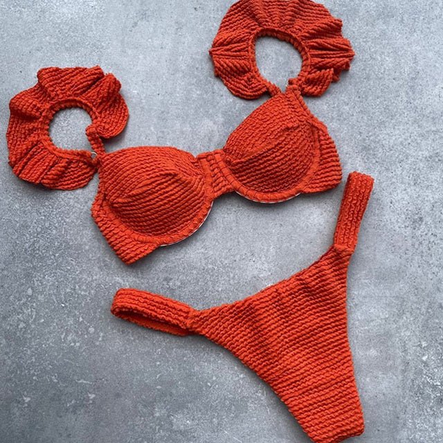 New! Stunning Ruffle Shoulders Push Up Bikini  Sunset and Swim Red S 