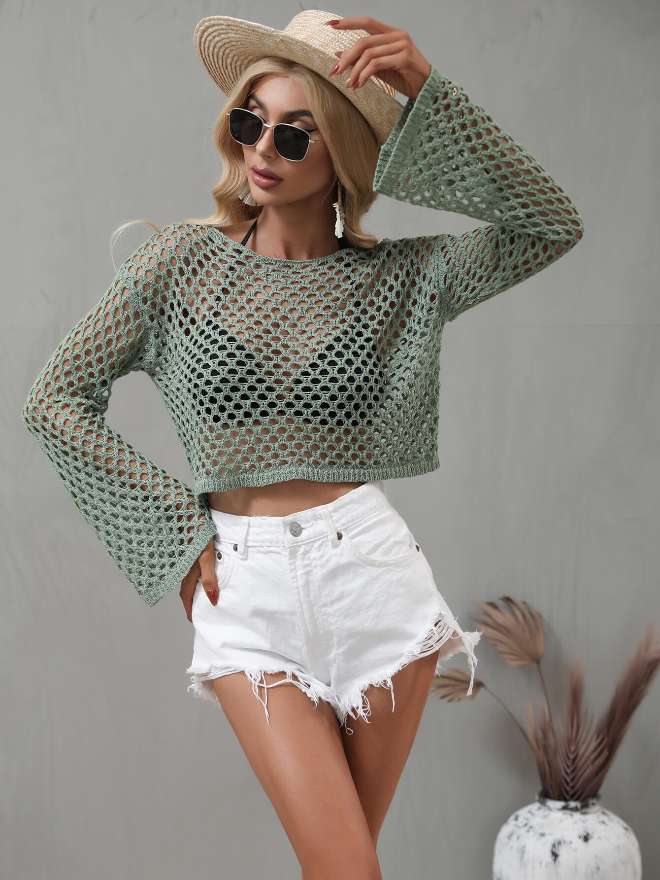 Openwork Flare Sleeve Cropped Cover Up  Sunset and Swim   