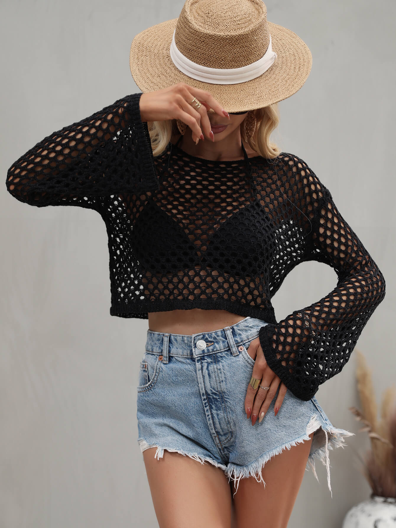 Openwork Flare Sleeve Cropped Cover Up Sunset and Swim Black S 