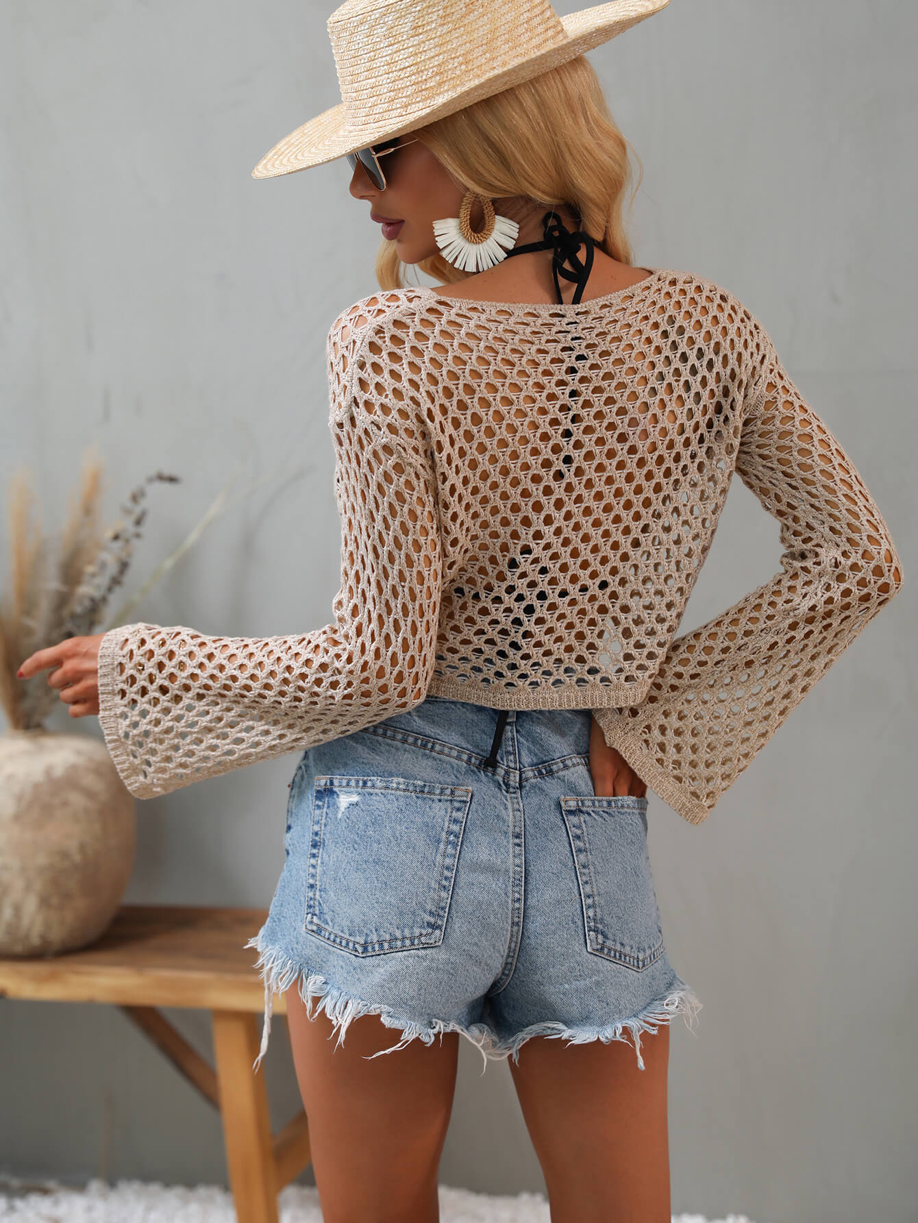 Openwork Flare Sleeve Cropped Cover Up  Sunset and Swim   