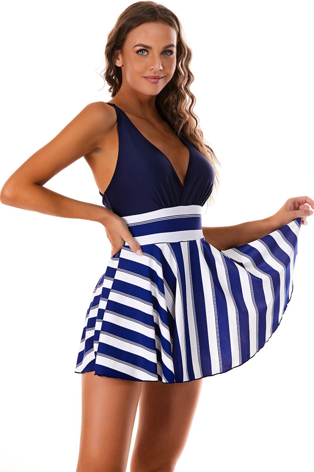Paige Plus Size Crisscross Pleated Detail Plunge Swim Dress Sunset and Swim   