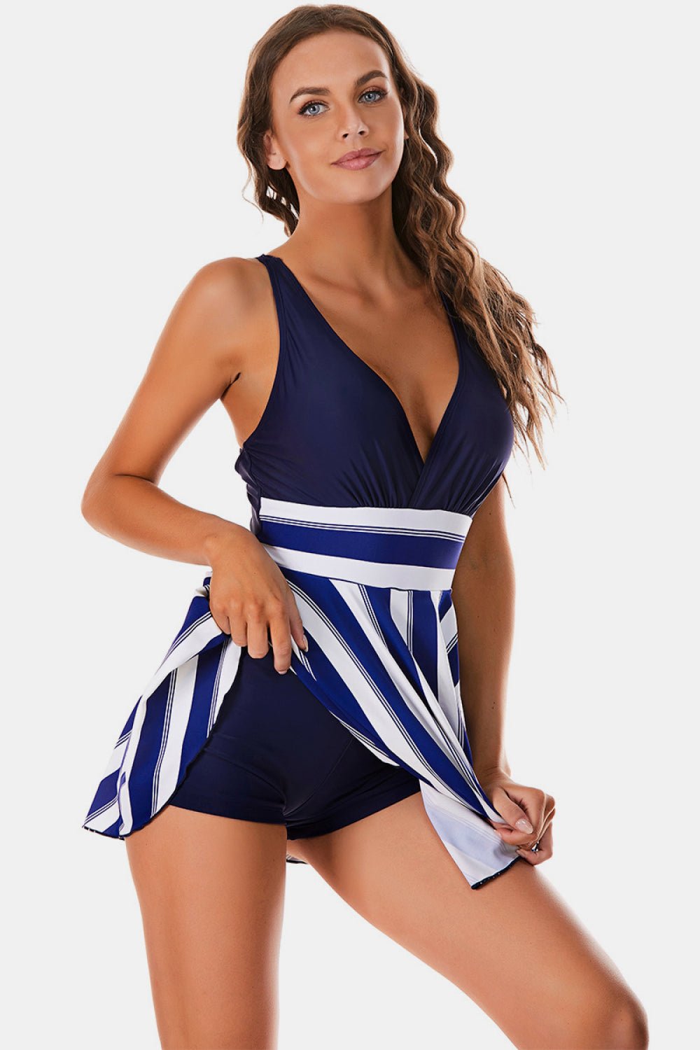 Paige Plus Size Crisscross Pleated Detail Plunge Swim Dress  Sunset and Swim Stripe S 