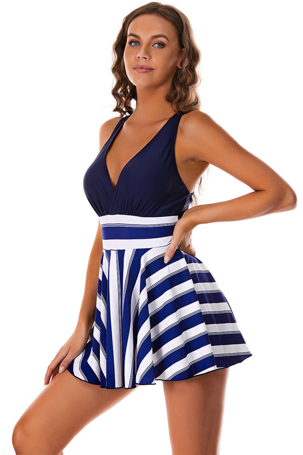 Paige Plus Size Crisscross Pleated Detail Plunge Swim Dress  Sunset and Swim   