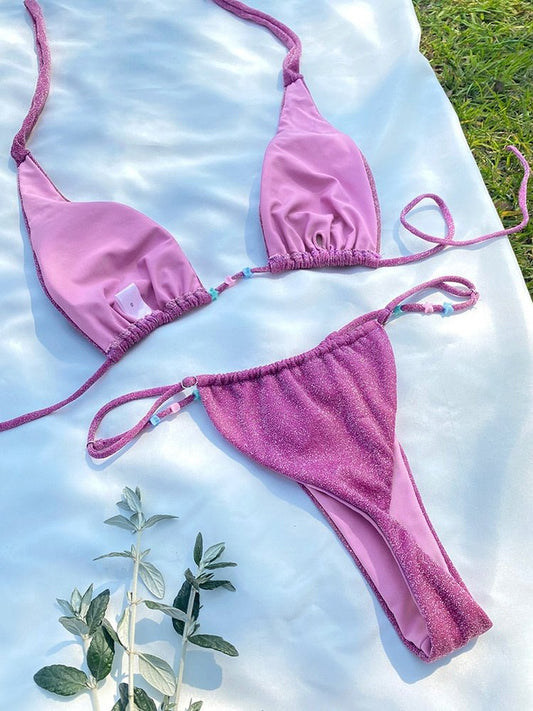 Pink Glitter Brazilian Thong Bikini  Sunset and Swim   