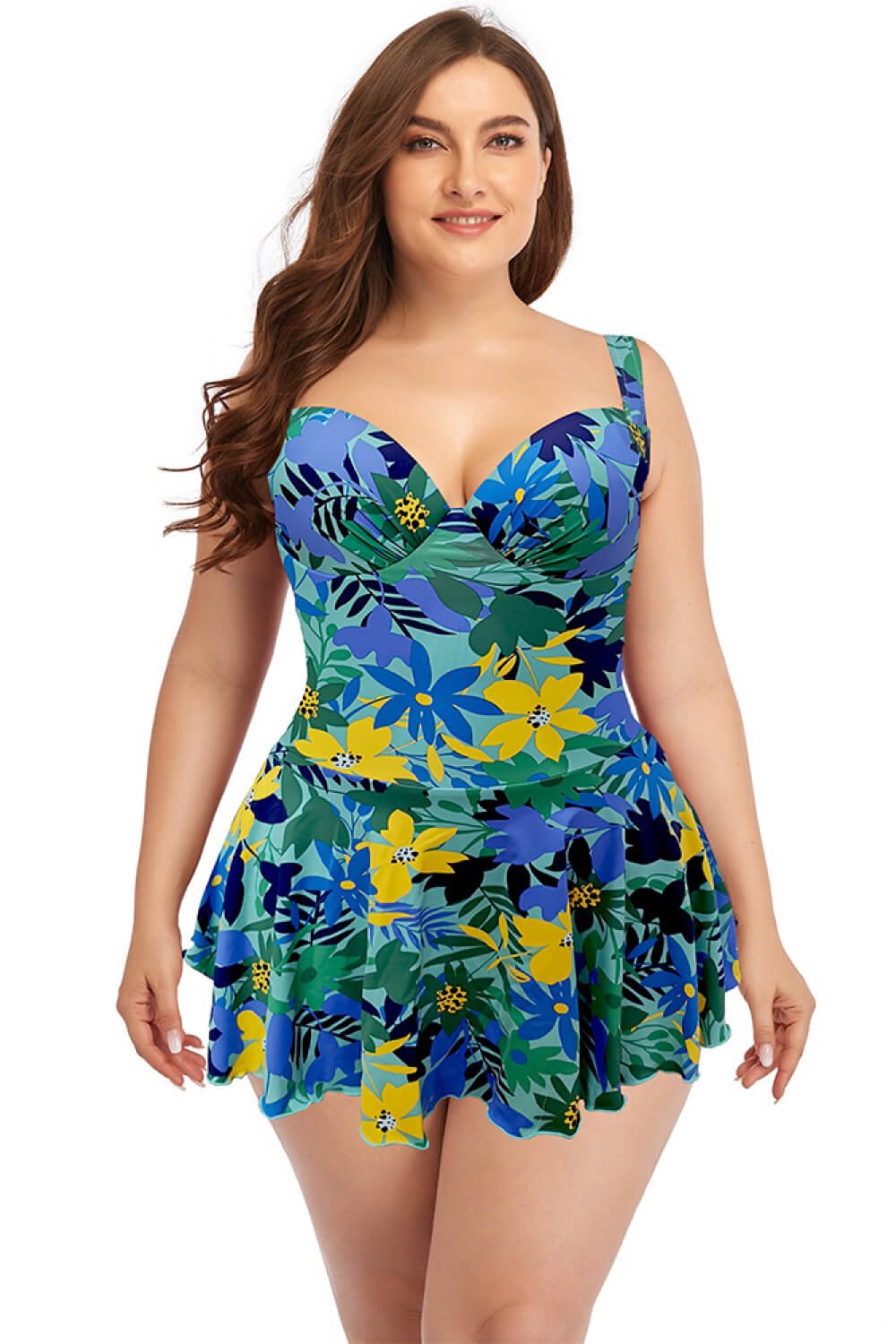 Plus Size Gathered Detail Sweetheart Neck Swim Dress  Sunset and Swim Green/Floral L 