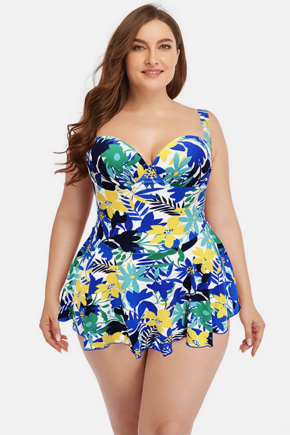 Plus Size Gathered Detail Sweetheart Neck Swim Dress  Sunset and Swim White/Floral L 
