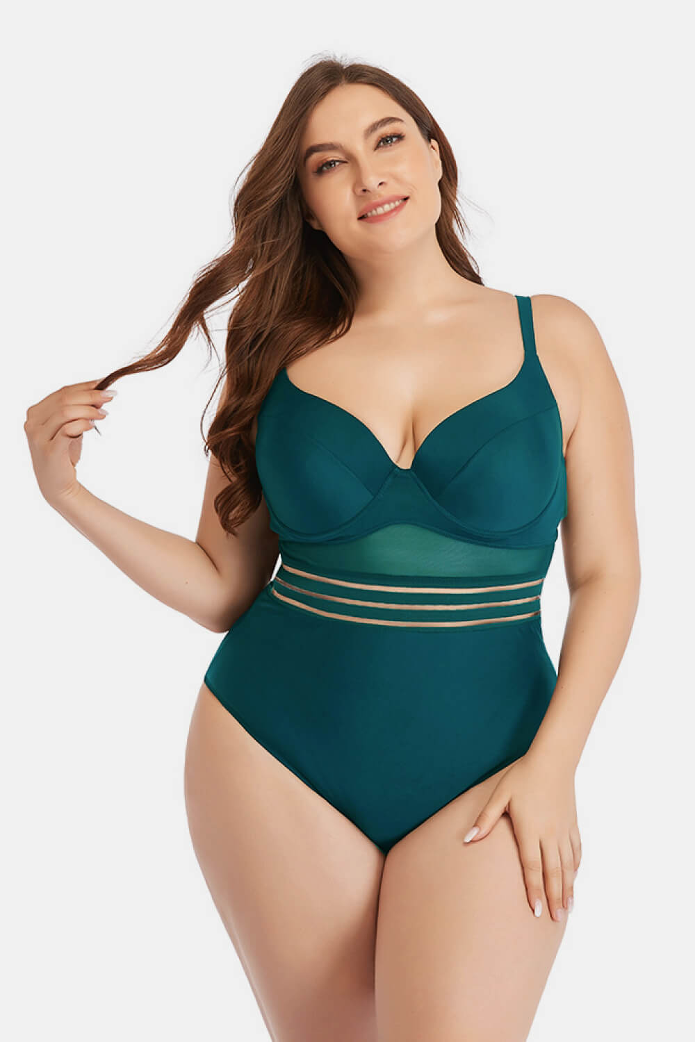 Plus Size Spliced Mesh Tie-Back One-Piece Swimsuit  Sunset and Swim Green L 