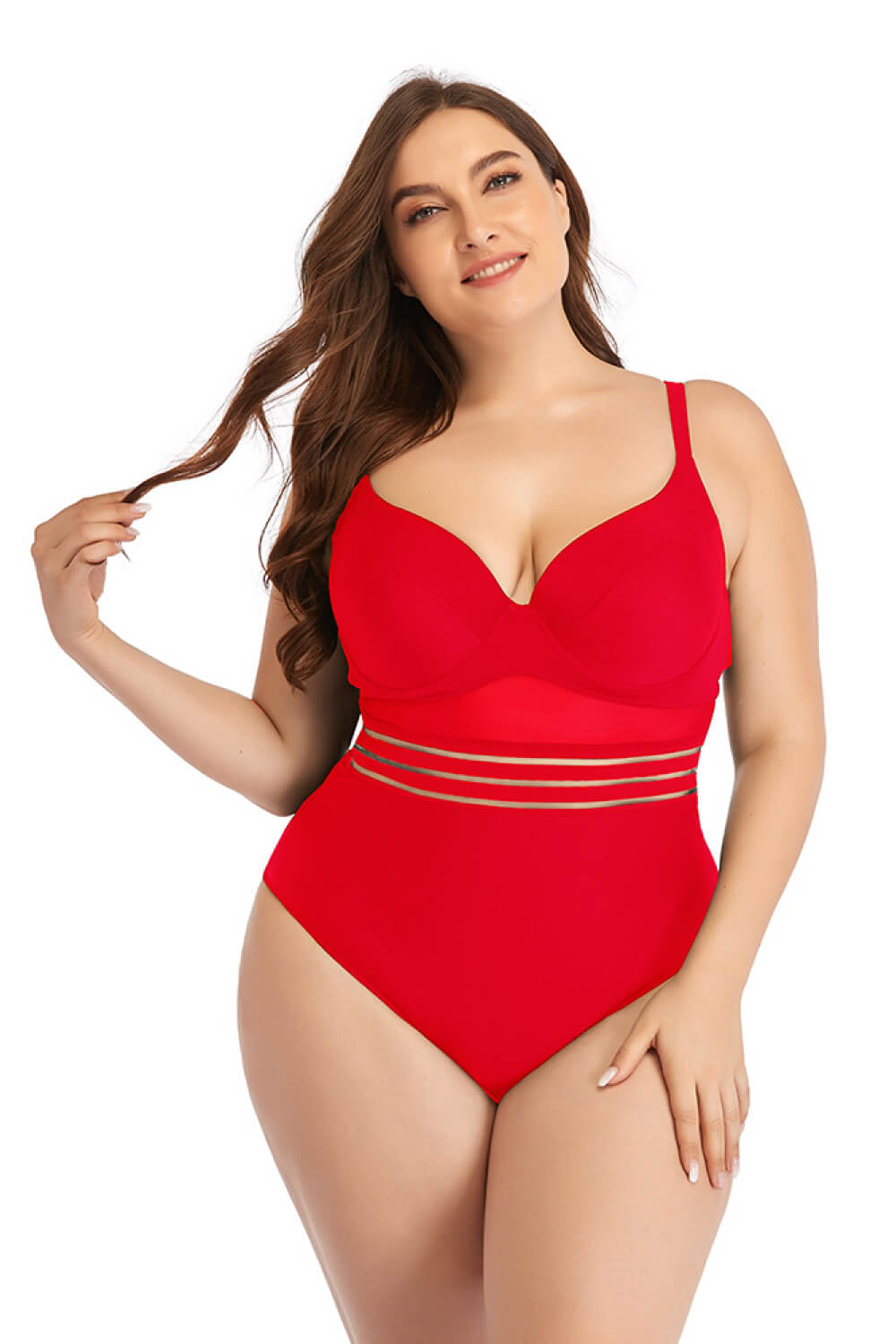Plus Size Spliced Mesh Tie-Back One-Piece Swimsuit  Sunset and Swim Red L 