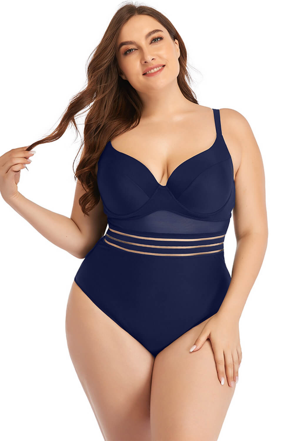 Plus Size Spliced Mesh Tie-Back One-Piece Swimsuit  Sunset and Swim Navy L 