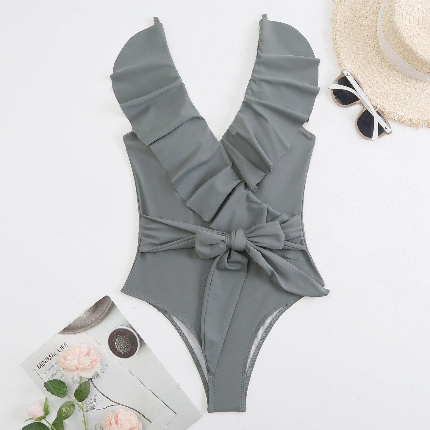 Premium Ruffled Classic Chic One Piece Swimsuit  Sunset and Swim gray S 