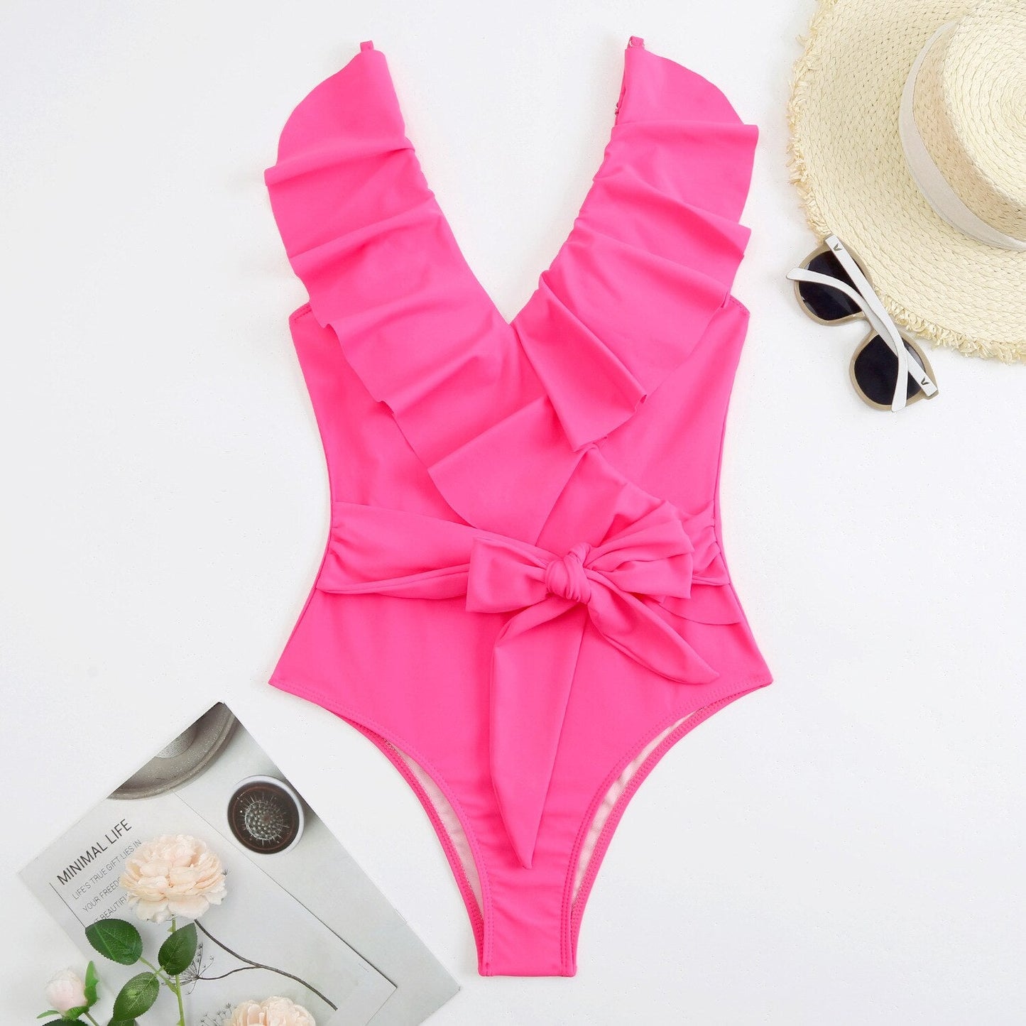 Premium Ruffled Classic Chic One Piece Swimsuit  Sunset and Swim Pink S 