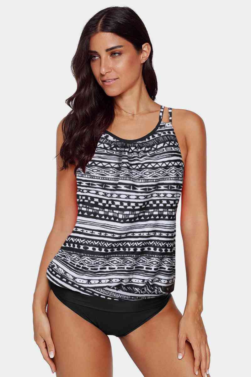 Printed Backless Two Pieces Tankini  Sunset and Swim Geometry S 