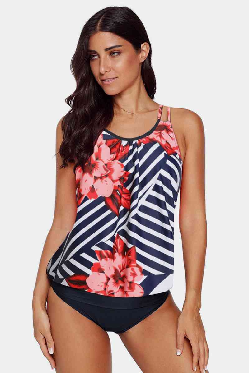Printed Backless Two Pieces Tankini  Sunset and Swim Red Flower S 