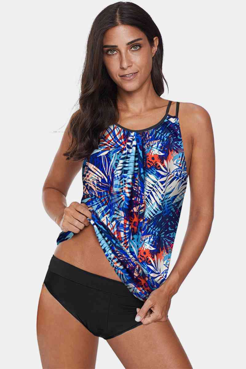 Printed Backless Two Pieces Tankini  Sunset and Swim Leaves Dark S 