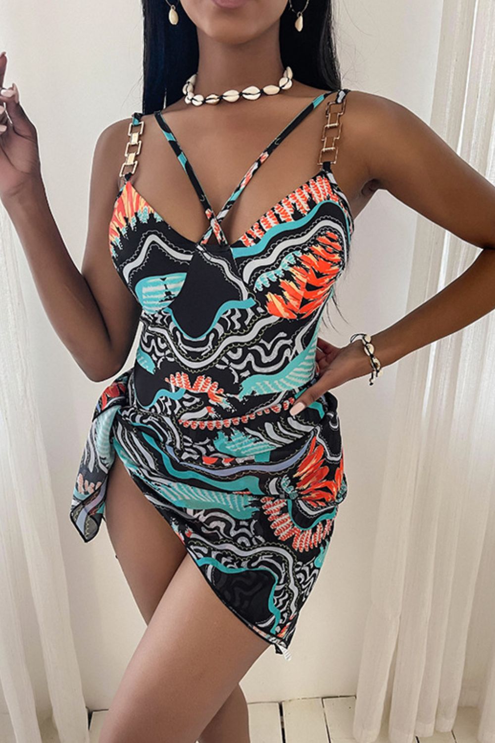 Printed Chain Strap One-Piece Swimsuit with Sarong  Sunset and Swim   