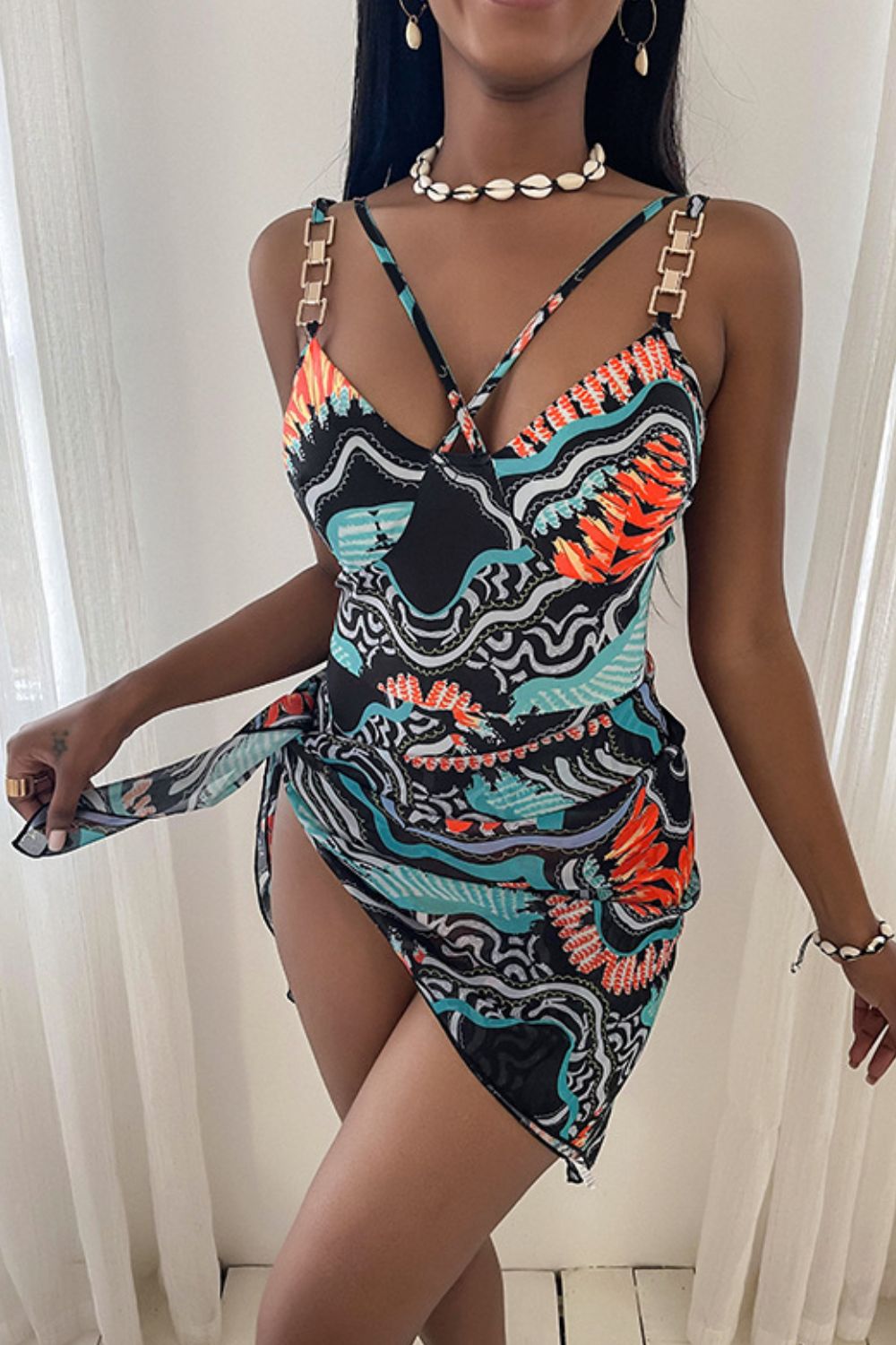 Printed Chain Strap One-Piece Swimsuit with Sarong  Sunset and Swim Black/Orange/Blue S 