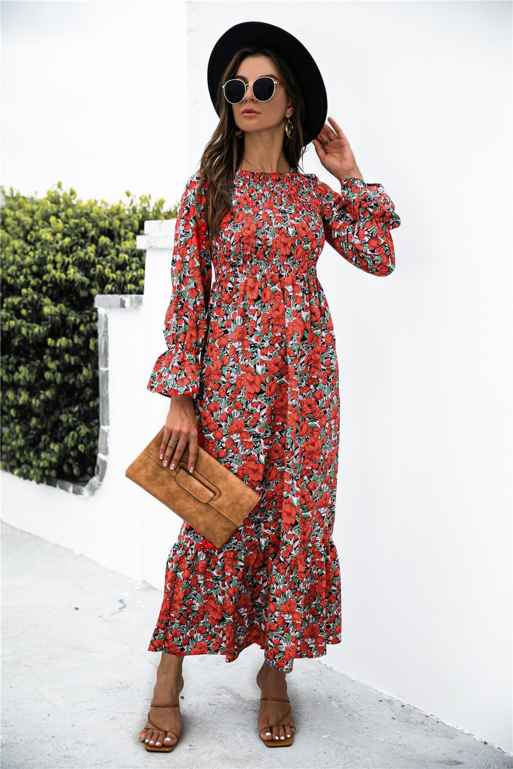 Printed Puff Sleeve Ruffle Maxi Dress  Sunset and Swim Red Floral S 