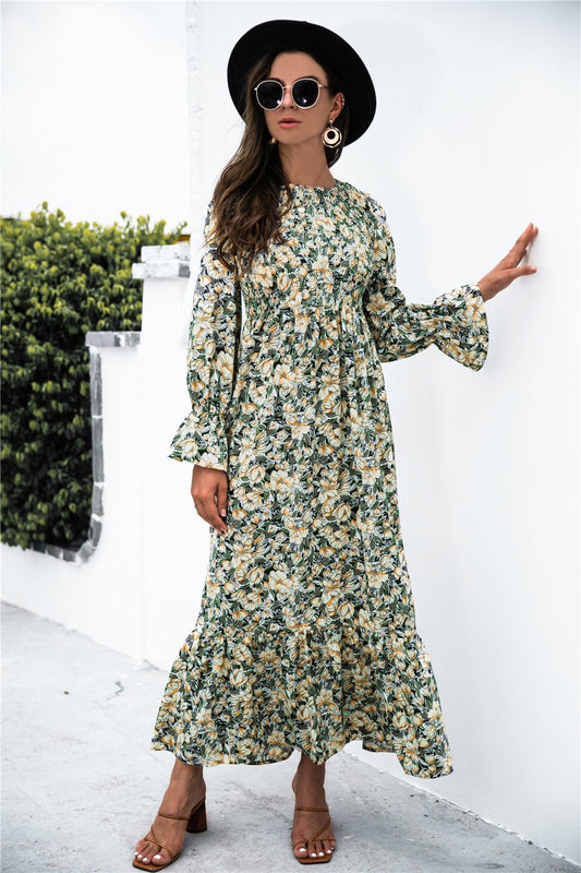 Printed Puff Sleeve Ruffle Maxi Dress  Sunset and Swim Yellow Floral S 