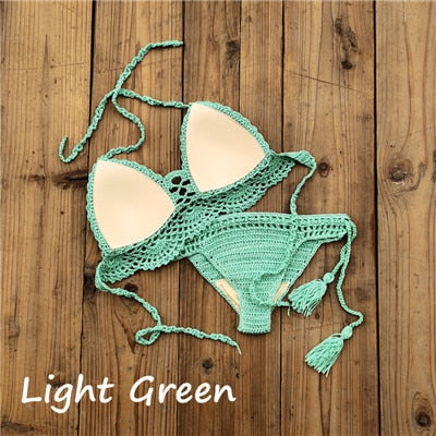 Boho Bella Bohemian - Handmade Crochet Push up Bikini  Sunset and Swim Green S 