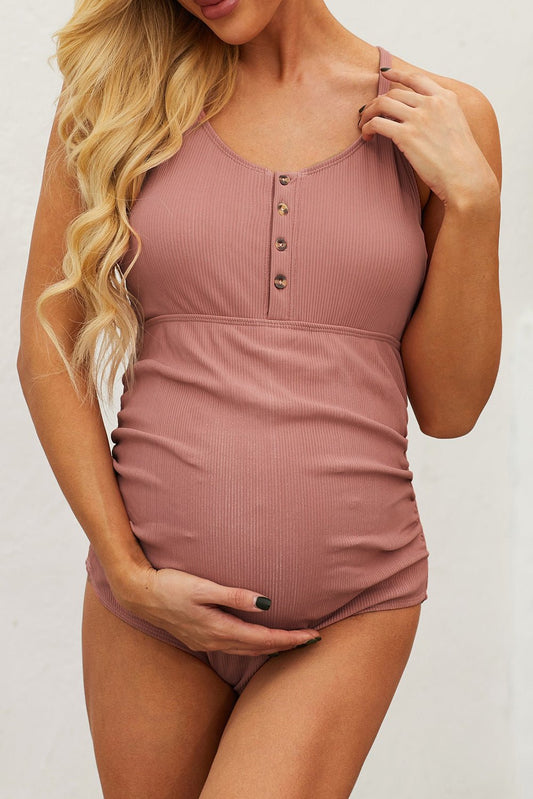 Ribbed Spaghetti Strap One-Piece Maternity Swimsuit  Sunset and Swim Pink S 
