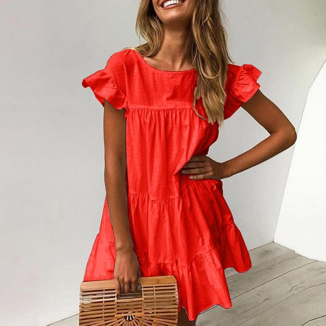 Ruffle Sleeve Dress  Sunset and Swim Solid Red (o neck) XL 