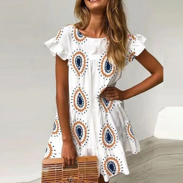 Ruffle Sleeve Dress  Sunset and Swim Print White (o neck) XL 