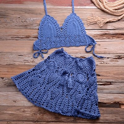 Sadie Two-piece Crochet Beach Top, Boho Crochet Beach Cover Up Set  Sunset and Swim Blue L 
