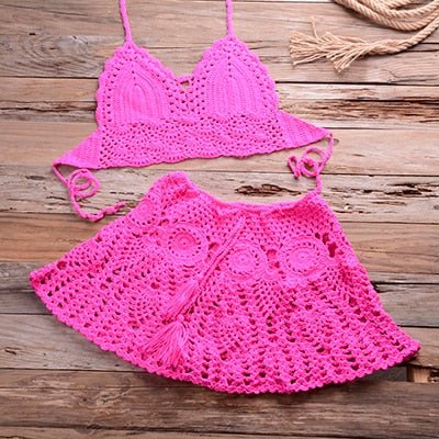 Sadie Two-piece Crochet Beach Top, Boho Crochet Beach Cover Up Set  Sunset and Swim Rose Red L 