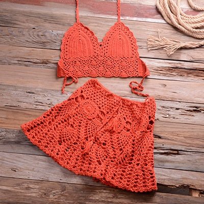 Sadie Two-piece Crochet Beach Top, Boho Crochet Beach Cover Up Set  Sunset and Swim Rusty Red L 