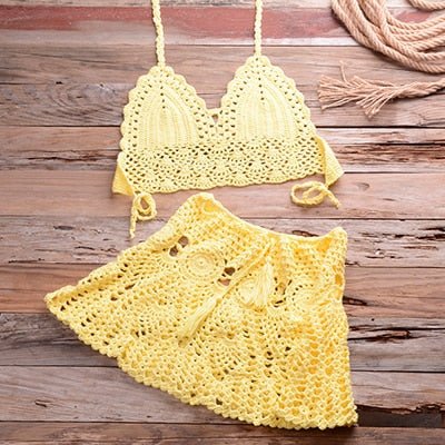 Sadie Two-piece Crochet Beach Top, Boho Crochet Beach Cover Up Set  Sunset and Swim Yellow L 