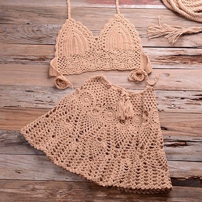 Sadie Two-piece Crochet Beach Top, Boho Crochet Beach Cover Up Set  Sunset and Swim Khaki XL 