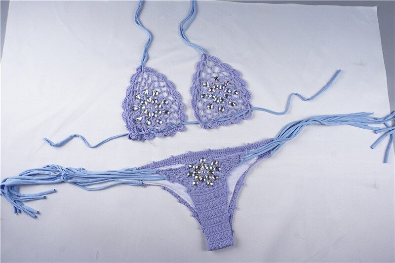 Sensual Waves Crochet Sexy Rhinestone See Through Bikini  Sunset and Swim Purple S 
