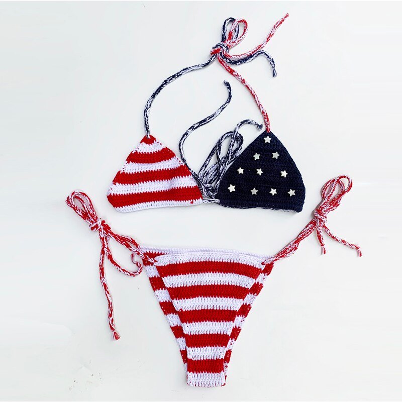 Sexy American Flag Handmade Crochet Swimsuit Bikini  Sunset and Swim American Flag S 