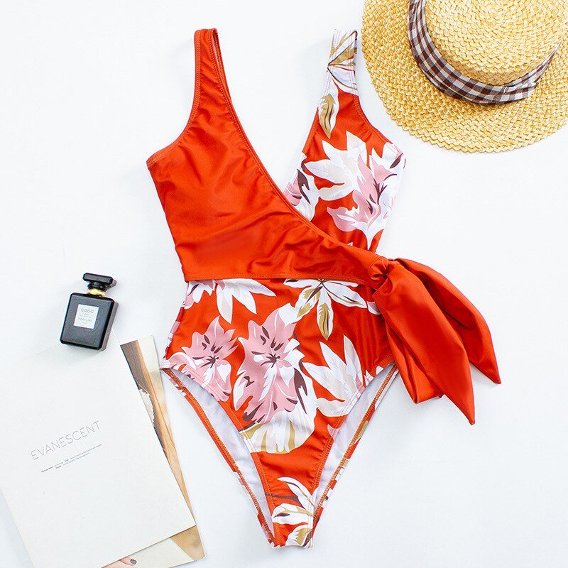 Sexy V Neck One-piece Swimming Suit Swimsuit  Sunset and Swim red floral S 