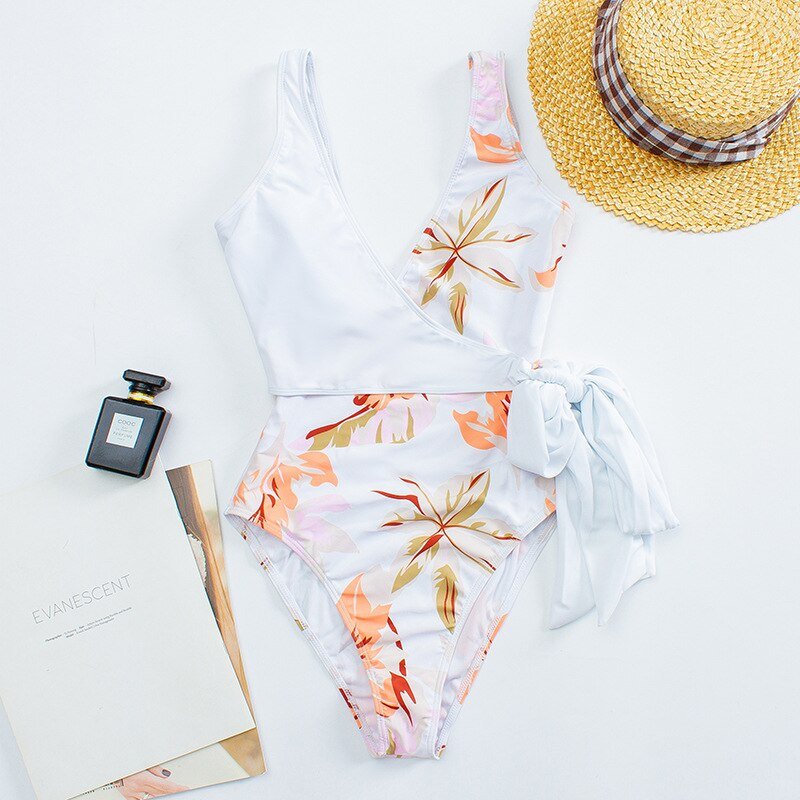 Sexy V Neck One-piece Swimming Suit Swimsuit  Sunset and Swim white floral S 