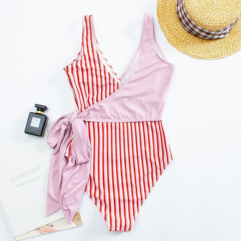 Sexy V Neck One-piece Swimming Suit Swimsuit  Sunset and Swim pink S 