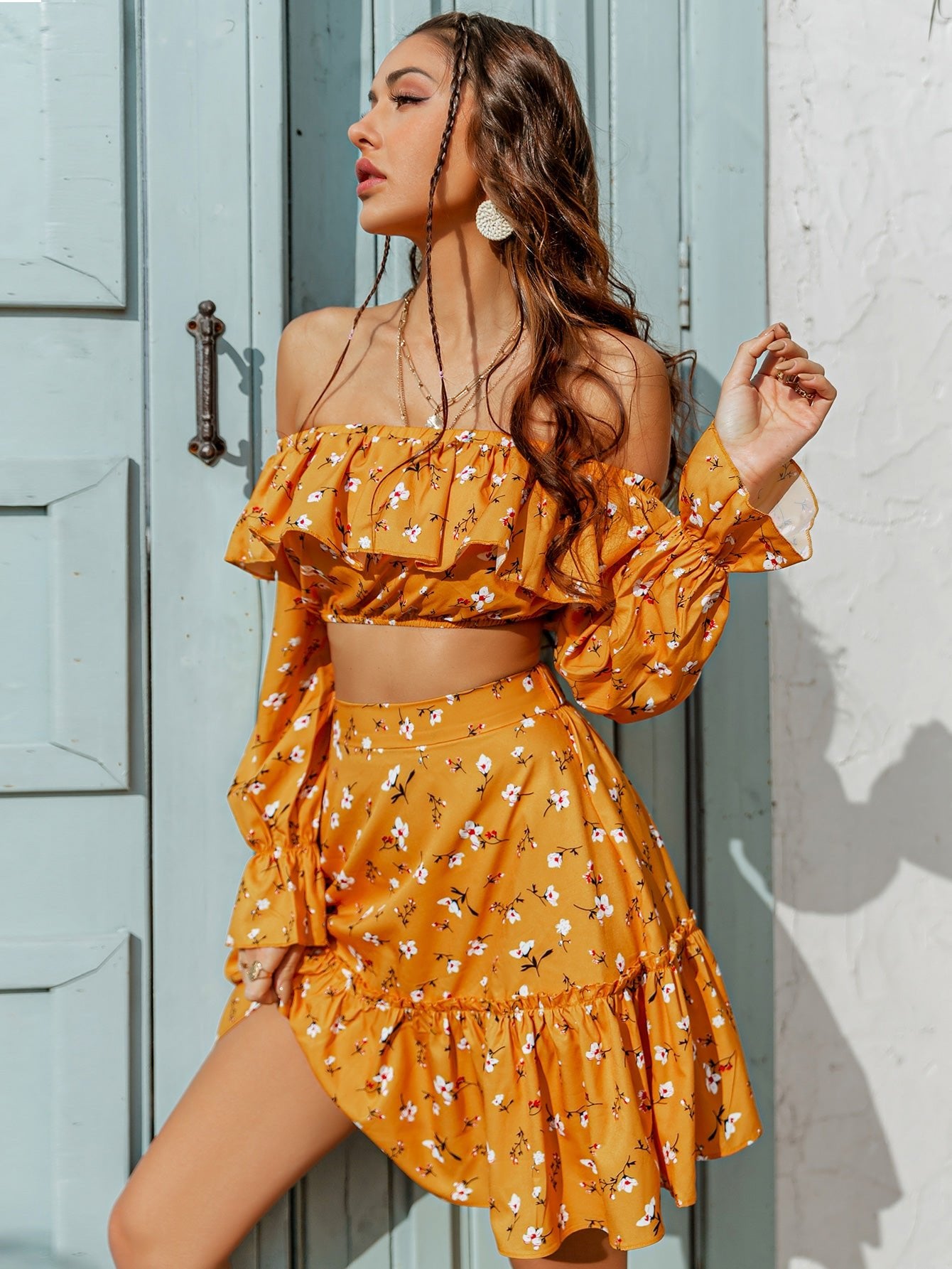 Sienna Printed Off-Shoulder Top and Tiered Skirt Set  Sunset and Swim   