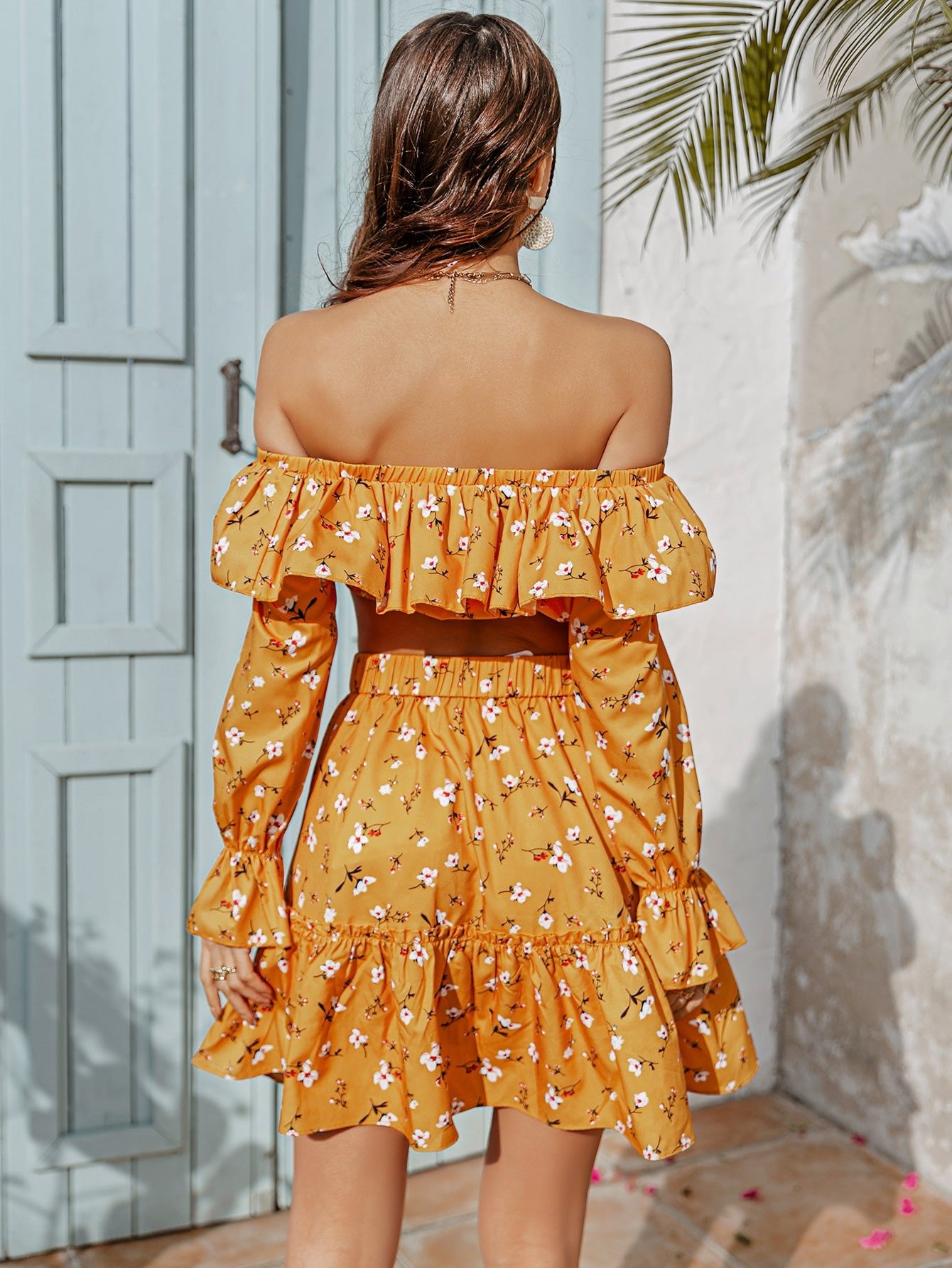 Sienna Printed Off-Shoulder Top and Tiered Skirt Set  Sunset and Swim   