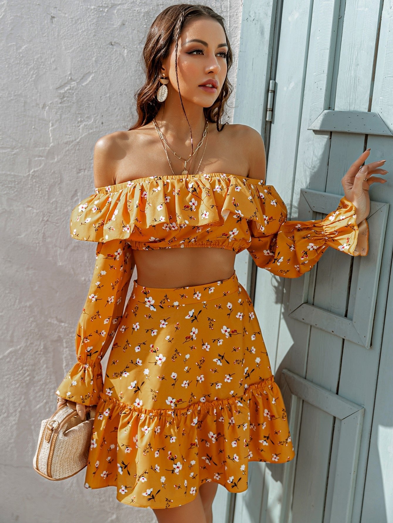 Sienna Printed Off-Shoulder Top and Tiered Skirt Set  Sunset and Swim Yellow S 