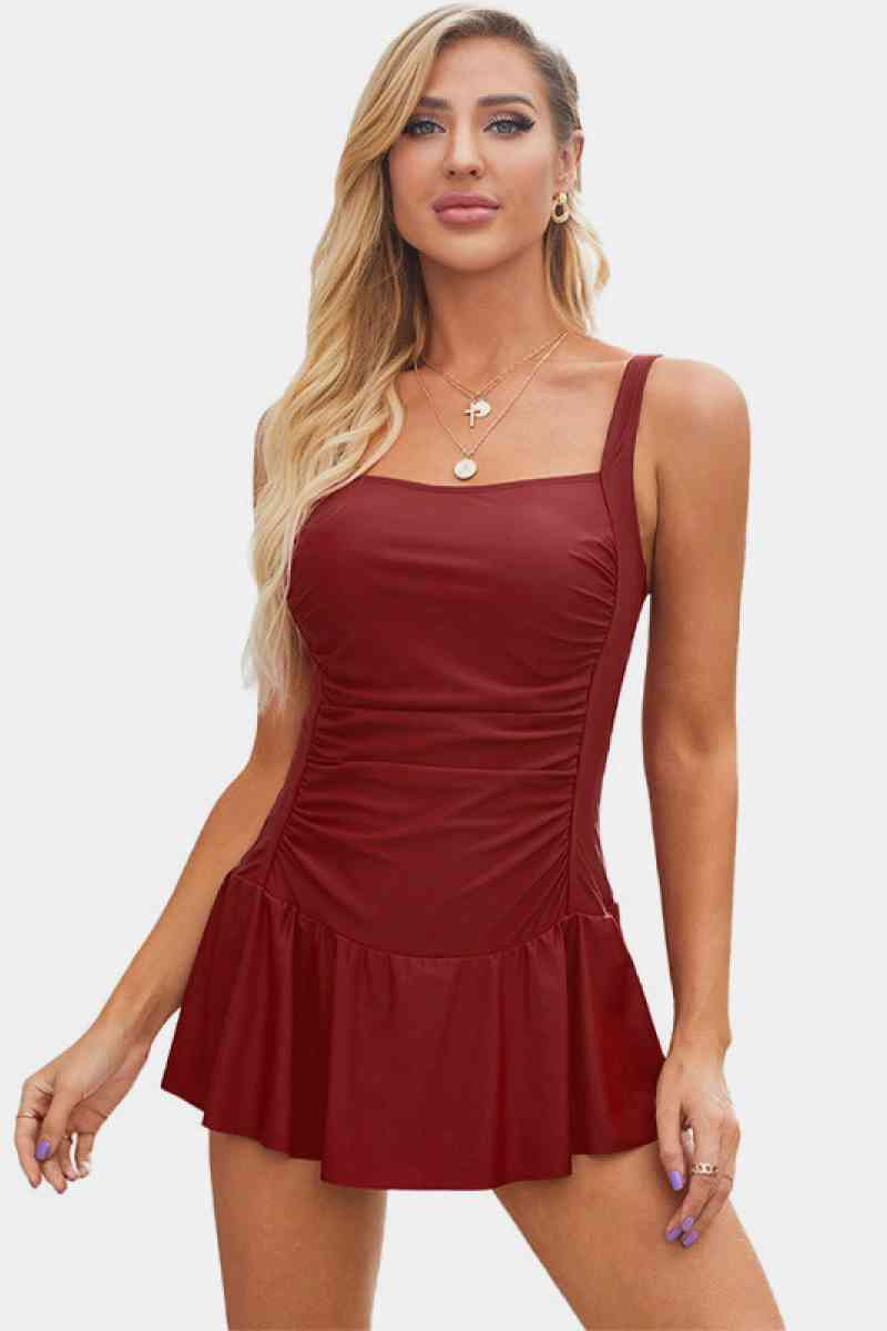 Solid Sleeveless One Piece Skirt Swimsuit  Sunset and Swim Red S 