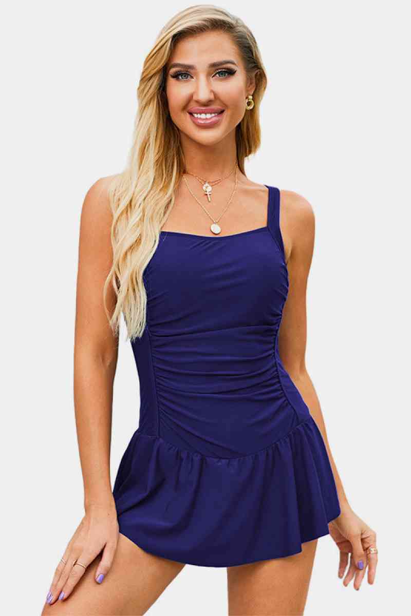 Solid Sleeveless One Piece Skirt Swimsuit  Sunset and Swim Navy S 