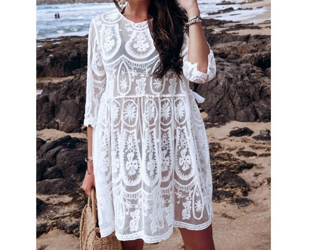 Stella Lace Crochet Beach Cover Up  Sunset and Swim White One Size 