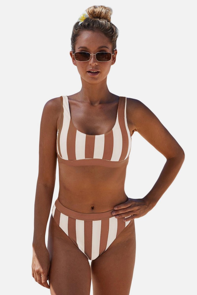 Striped Tank High Waist Bikini  Sunset and Swim Brown S 