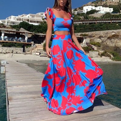Two Piece Beach Cover Up Maxi Skirt Set  Sunset and Swim As Photo XXXL 