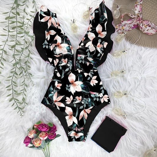 Layered Ruffle Boho Printed Deep V String Bikini Two Piece Swimsuit – Rose  Swimsuits