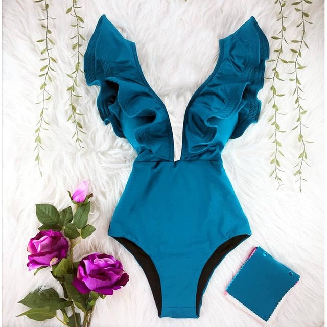 Veronica Deep V-neck Ruffle Shoulders Swimsuit  Sunset and Swim NA19589B3 S 