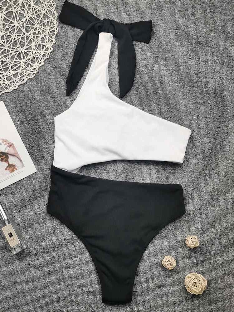 White Black Premium One Shoulder Swimsuit  Sunset and Swim   
