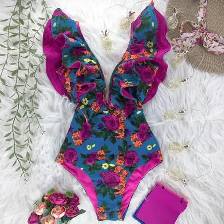 Veronica Deep V-neck Ruffle Shoulders Swimsuit - Image 3